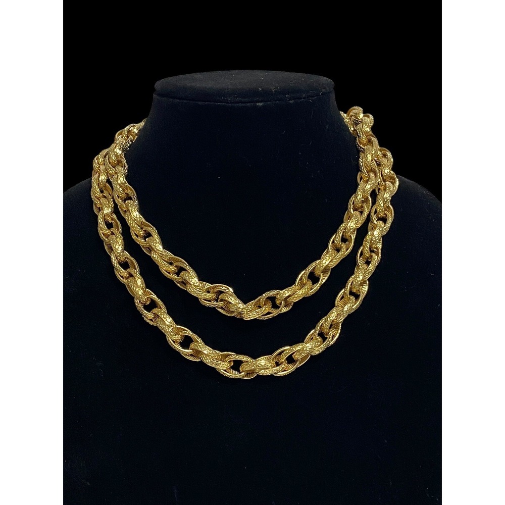 Monet 37" Signed Goldtone Embossed Texture Double Linked Chain Necklace Vintage